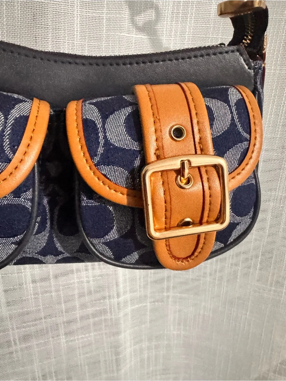 Coach Navy Signature Canvas Baguette Shoulder Bag with Tan Leather Buckles - Picture 4 of 16